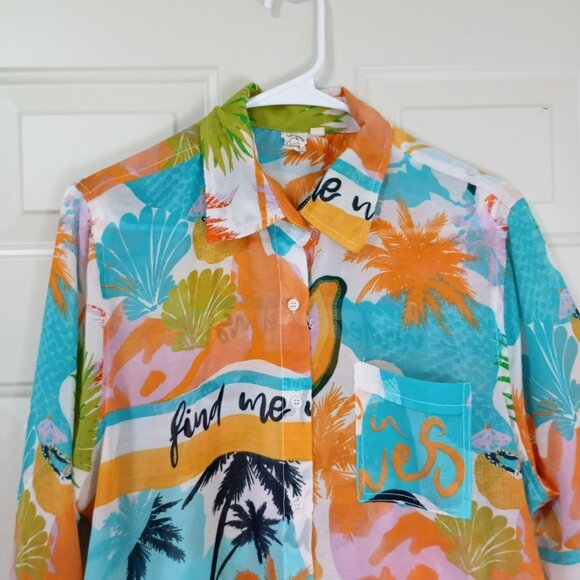 Violet Sky Shirt Tropical Print Button-Up Sz L Cotton Blend Vibrant Colors Women - Picture 5 of 10